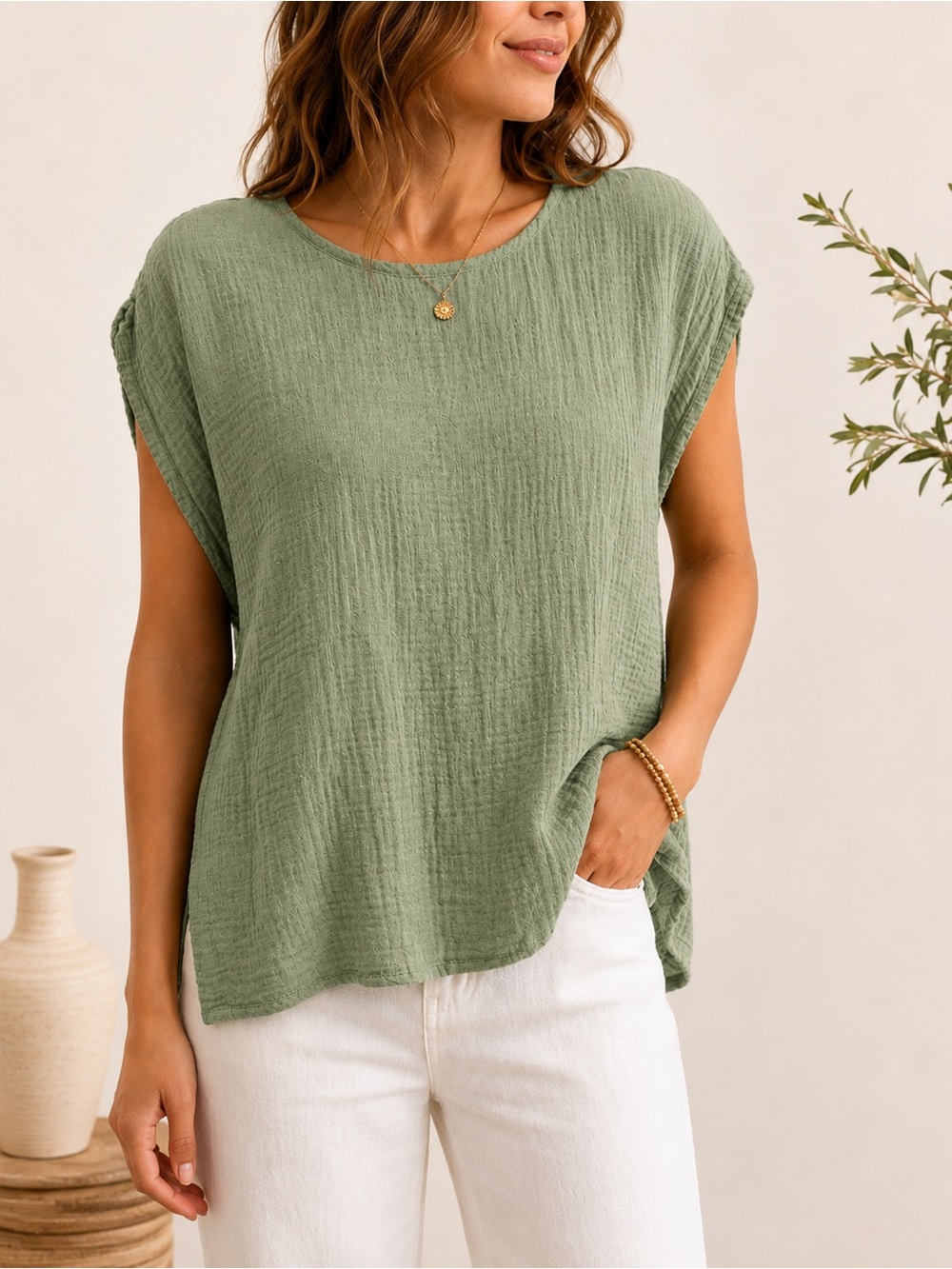Cosmic Blue Love Sage Green Double Gauze Top Small Relaxed High Low Boho
